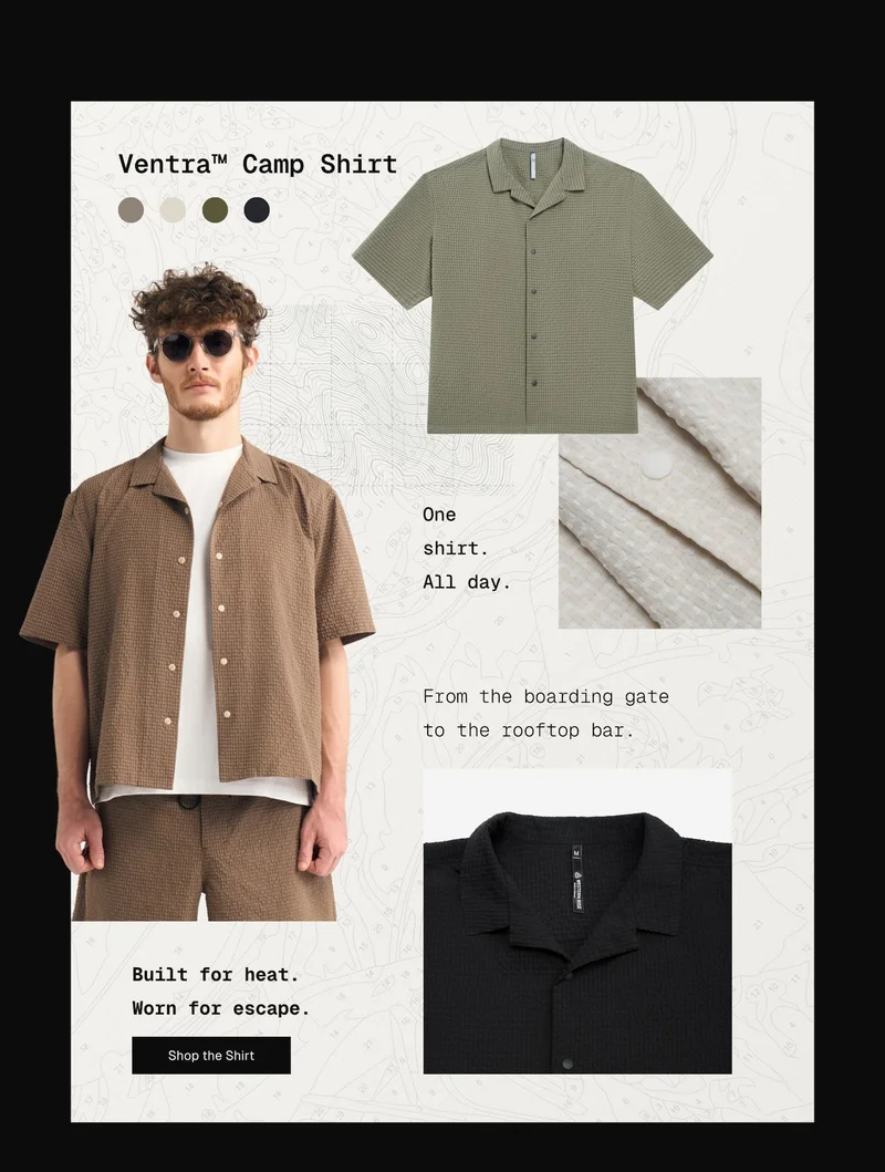 Ventra Camp Shirt: One shirt. All day.  From the boarding gate to the rooftop bar. Built for heat. Worn for escape.