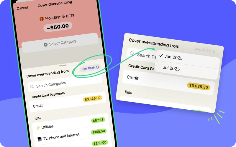 The 'Cover Overspending' view on mobile, showing that you can toggle between months when covering overspending in a category. The month toggle is in the upper right corner of the 'Cover overspending from' menu that appears at the bottom of the page.