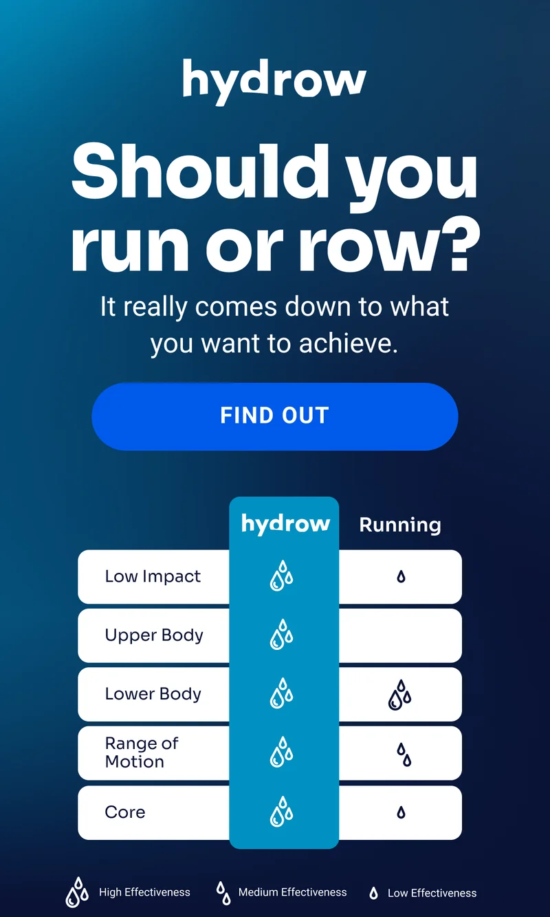 Should you run or row? It really comes down to what you want to achieve. FIND OUT Running Low Impact Upper Body Lower Body Range of Motion Core High Effectiveness Medium Effectiveness Low Effectiveness