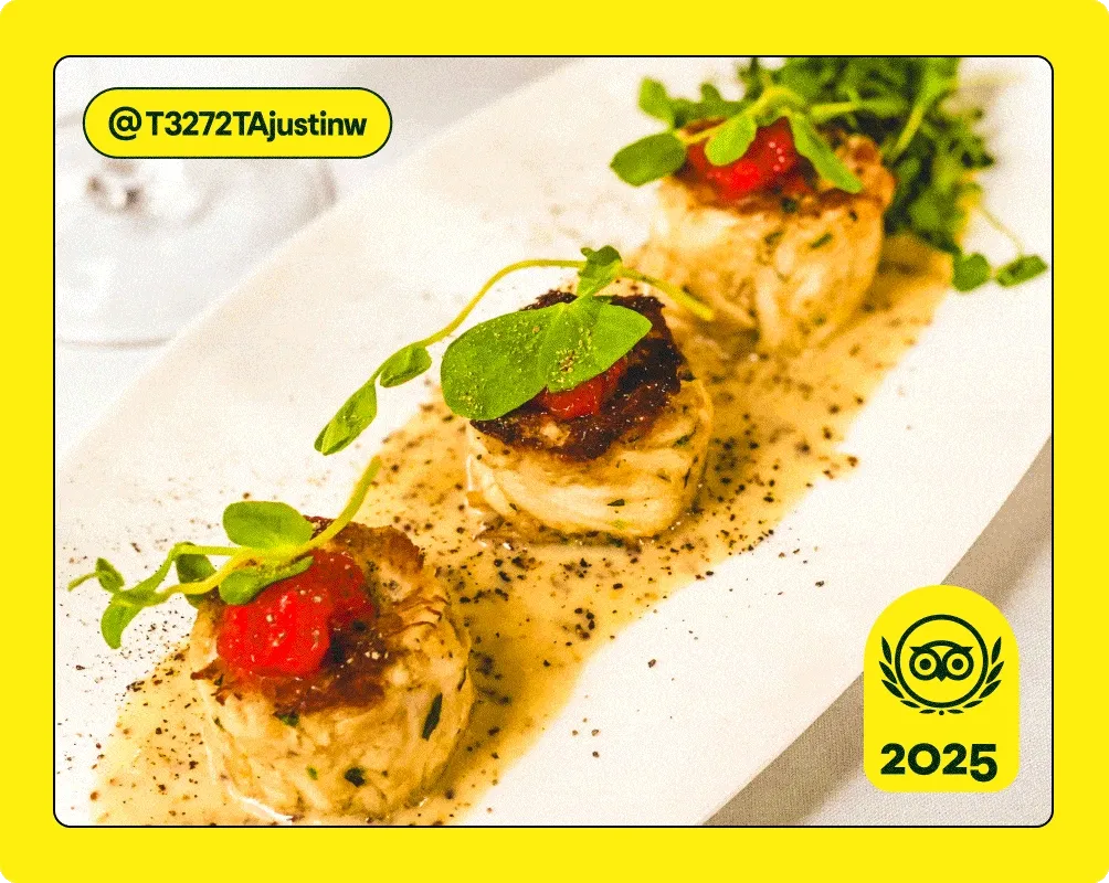 Image Description: A plate of seafood, a piece of flatbread with toppings, and a plate with grilled chicken and vegetables. A yellow 2025 Travelers’ Choice Awards Best of the Best badge is on the bottom right corner of each image.