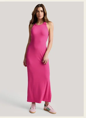 Ribbed High Neck Maxi Dress in Pink Glow