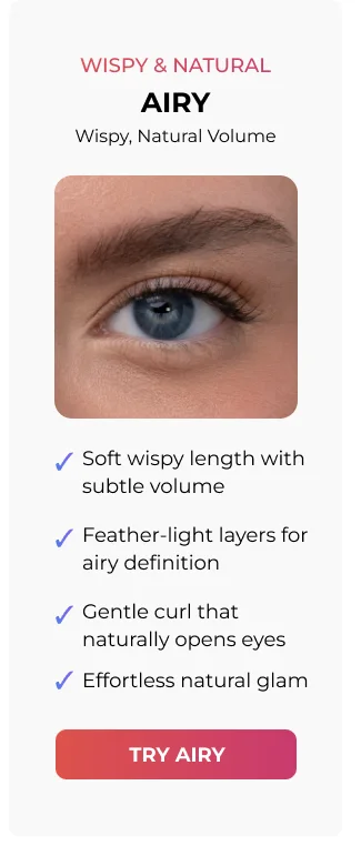 Airy Lashies card showing wispy natural volume with product benefits and Try Airy button