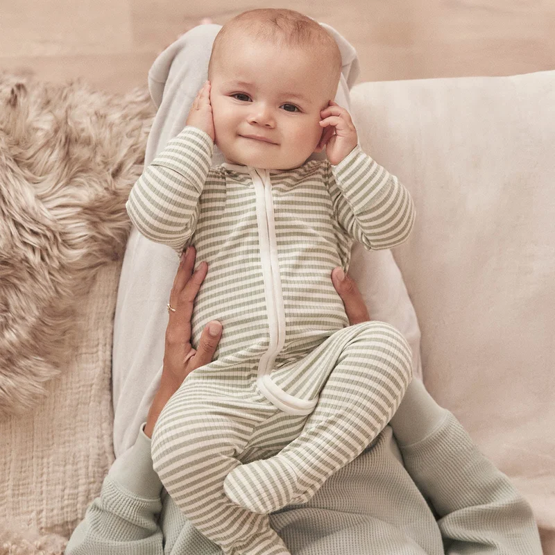 Image of Sage Stripe Ribbed Clever Zip Footed Baby Pajamas