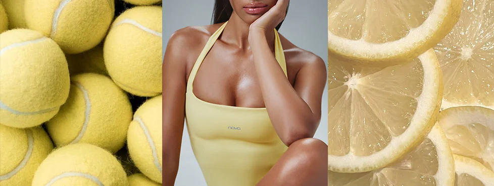 Yellow summer aesthetic: vintage boat, woman in Nova swimsuit, and fresh lemon slices.