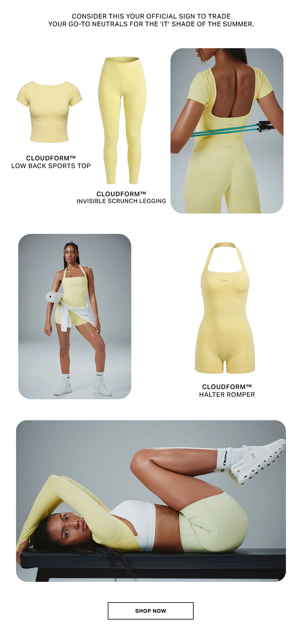 Cloudform women's pale yellow activewear: low back sports top, invisible scrunch leggings, halter romper & shorts. Shop summer fitness apparel.