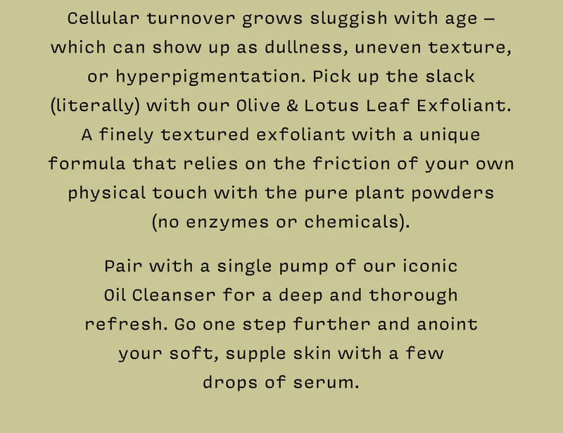 Cellular turnover grows sluggish with age – which can show up as dullness, uneven texture, or hyperpigmentation. Pick up the slack (literally) with our Olive & Lotus Leaf Exfoliant. A finely textured exfoliant with a unique formula that relies on the friction of your own physical touch with the pure plant powders (no enzymes or chemicals). Pair with a single pump of our iconic Oil Cleanser for a deep and thorough refresh. Go one step further and anoint your soft, supple skin with a few drops of serum.