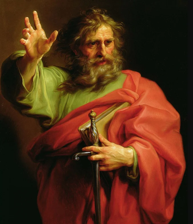 Saint Paul, a founding figure of the Christian Church, is pictured with a book and the sword he was martyred by in this oil painting by Batoni.