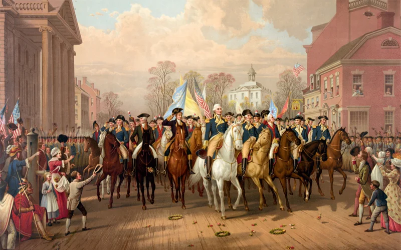 George Washington led the Continental Army in a triumphal procession into the heart of New York. He became the nation’s first president but refused to be a king, turning over the presidency after two terms in office.