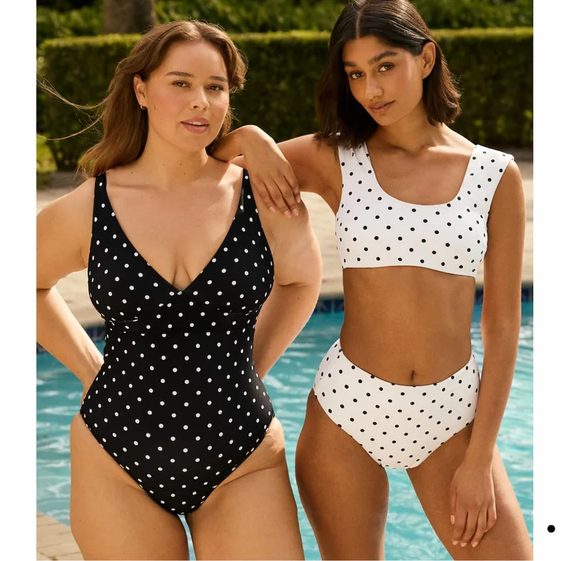Deep V One Piece in Black with White Polka Dots. NEW Cap Sleeve Swim Top and High Rise Swim Bottom in White with Black Polka Dots