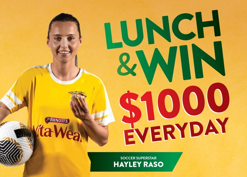 a woman holding a soccer ball and saying lunch and win 1000 every day