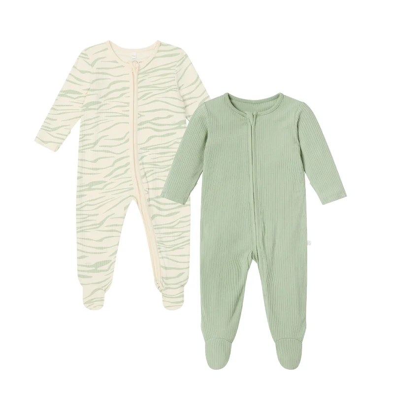 Image of Zebra Stripe & Sage Ribbed Clever Zip Baby Pajamas 2 Pack