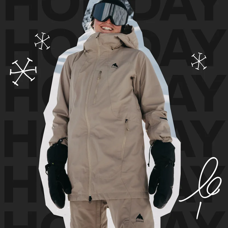 Snowboarder wearing Burton Reserve Outerwear in beige with the text holiday in the background