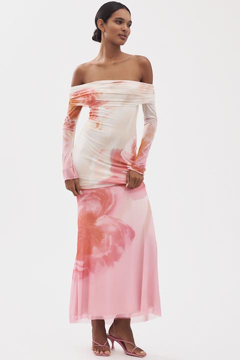 AFRM Long-Sleeve Off-The-Shoulder Mesh Maxi Dress