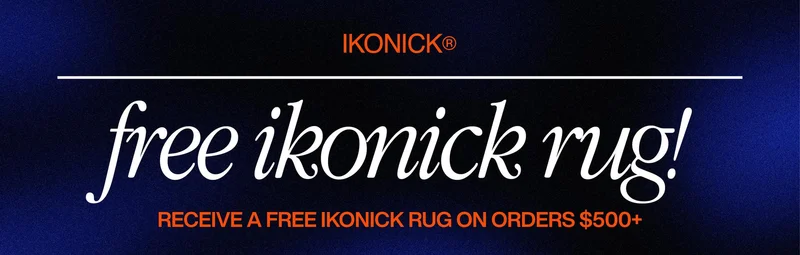 Dark blue gradient banner with the IKONICK® logo at the top. Large white serif text reads “free ikonick rug!” with an orange subheading below stating “RECEIVE A FREE IKONICK RUG ON ORDERS $500+.”