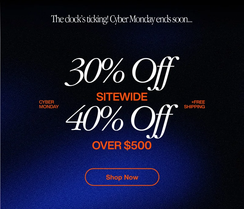 Black Friday offer graphic showing 30% off sitewide and 40% off orders over $500 with free shipping, displayed on a dark blue gradient background with a ‘Shop Now’ button.