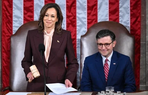 Photo of Kamala Harris and Speaker Mike Johnson