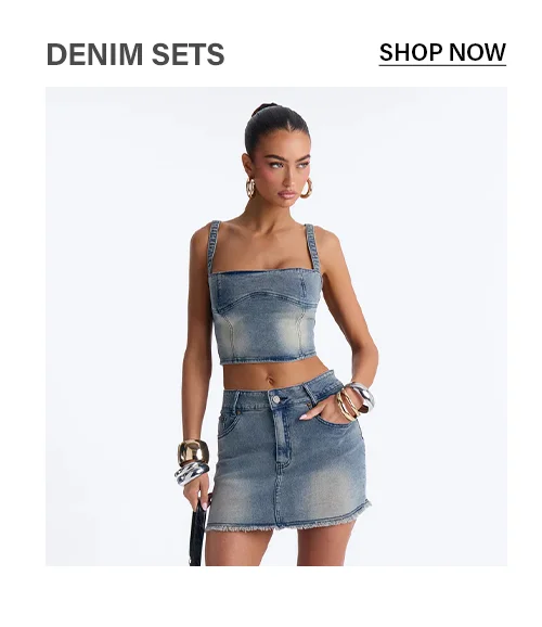 Woman in light wash denim crop top & frayed mini skirt set. Shop trendy women's two-piece denim outfits.