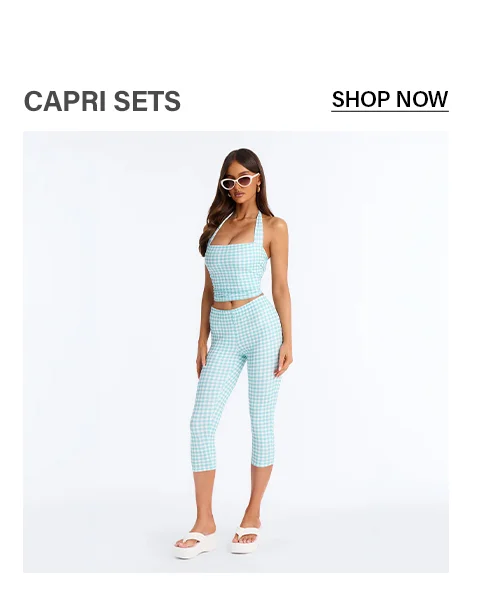 Women's light blue gingham capri set: halter crop top and capri pants. Stylish two-piece summer outfit.