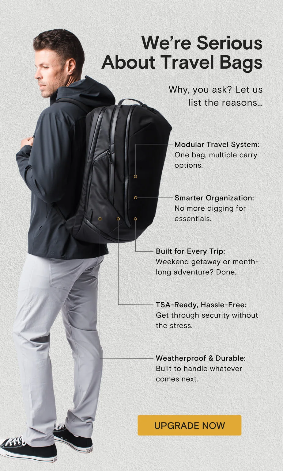 We’re Serious About Travel Bags Why, you ask? Let us list the reasons…  Modular Travel System – One bag, multiple carry options. Smarter Organization – No more digging for essentials. Built for Every Trip – Weekend getaway or month-long adventure? Done. TSA-Ready, Hassle-Free – Get through security without the stress. Weatherproof & Durable – Built to handle whatever comes next.