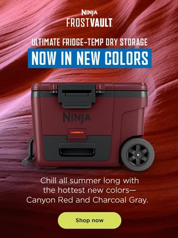 Ninja FrostVault™ Ultimate fridge-temp dry storage now available in new colors. Chill all summer long with the hottest new colors- Canyon Red and Charcoal Gray.