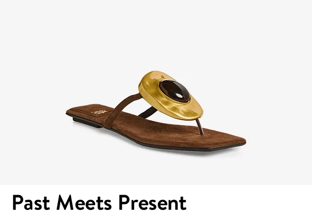 A brown thong sandal with gold hardware, white ankle-wrap sandal, brown open-weave mary jane and beige slide.