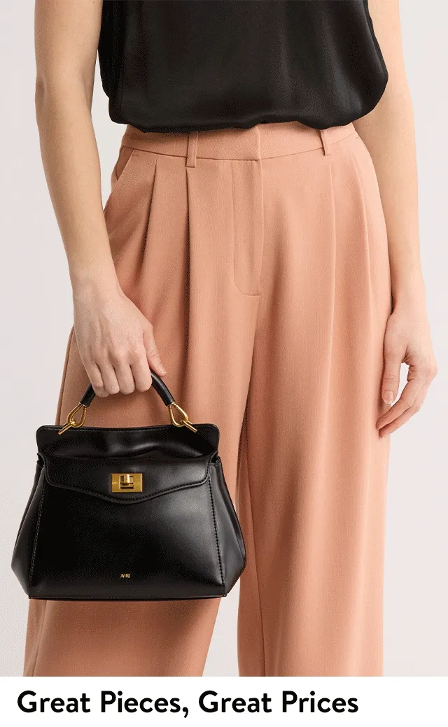 A woman holding a black handbag and a man wearing a watch.