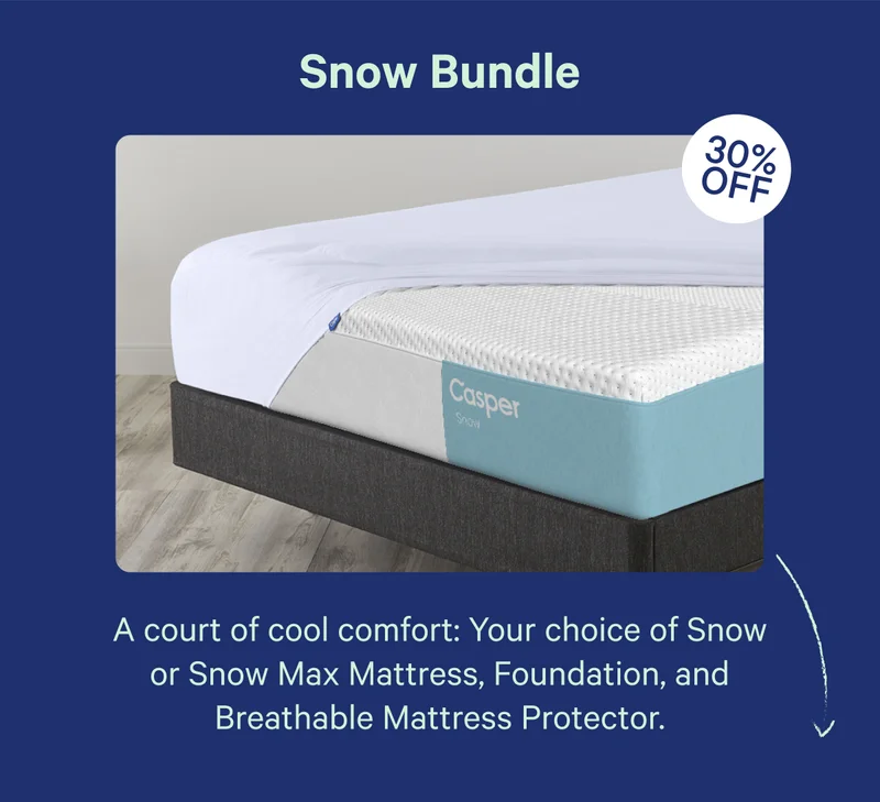 Snow Bundle; 30% off; A court of cool comfort: Your choice of Snow or Snow Max Mattress, Foundation, and Breathable Mattress Protector