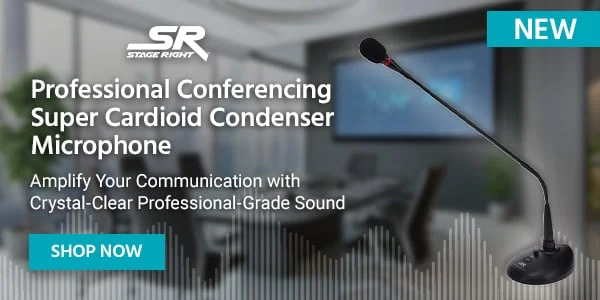 New: Stage Right Professional Conferencing Super Cardioid Condenser Microphone. Amplify Your Communication With Crystal-Clear Professional-Grade Sound. Shop Now.