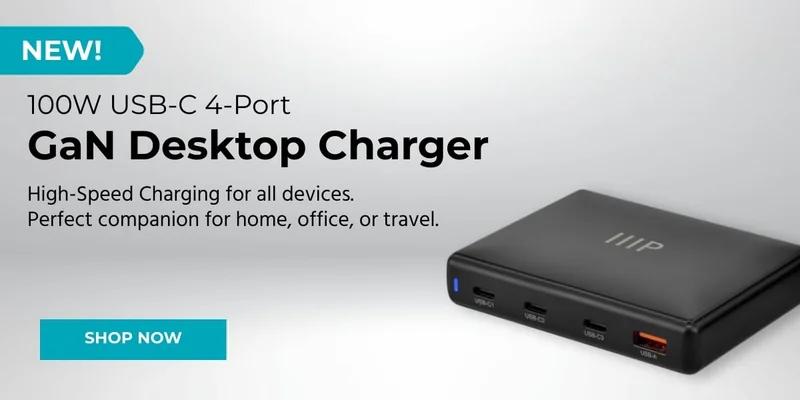 New: 100W USB‑C 4‑Port GaN Desktop Charger. High-Speed Charging For All Devices. Perfect Companion For Home, Office, Or Travel. Shop Now.