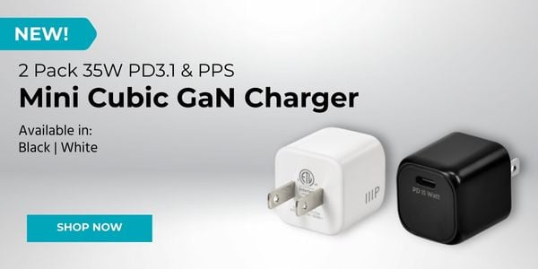 New: 2 Pack 35W PD3.1 And PPS. Mini Cubic GaN Charger. Available In: Black, White. Shop Now.