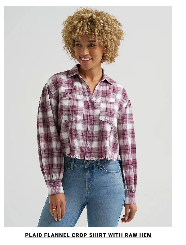 Women's Plaid Flannel Crop Shirt with Raw Hem