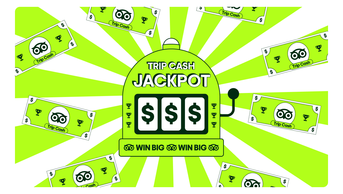 Image Description: Gif with a jackpot machine graphic that has ‘Trip Cash Jackpot’ text at the top, dollar signs in the slots, and ‘Win big’ text along the bottom. Trip Cash bills flash on the screen.