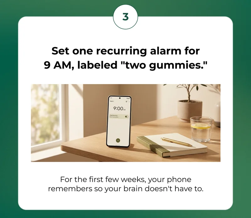 03 Set one recurring alarm for 9 AM, labeled "two gummies."