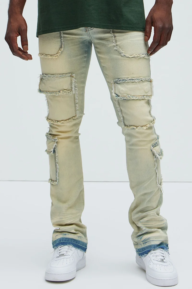 Image of Can I Cargo Stacked Skinny Flare Jeans - Light Wash