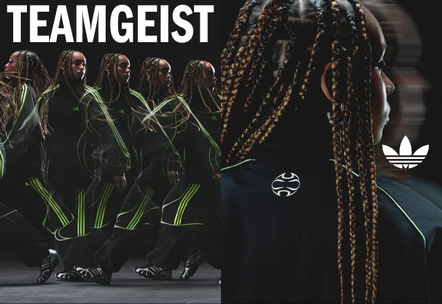 A diptych image featuring an athlete wearing the Teamgeist Collection to the left and a closeup of the jacket to the right.