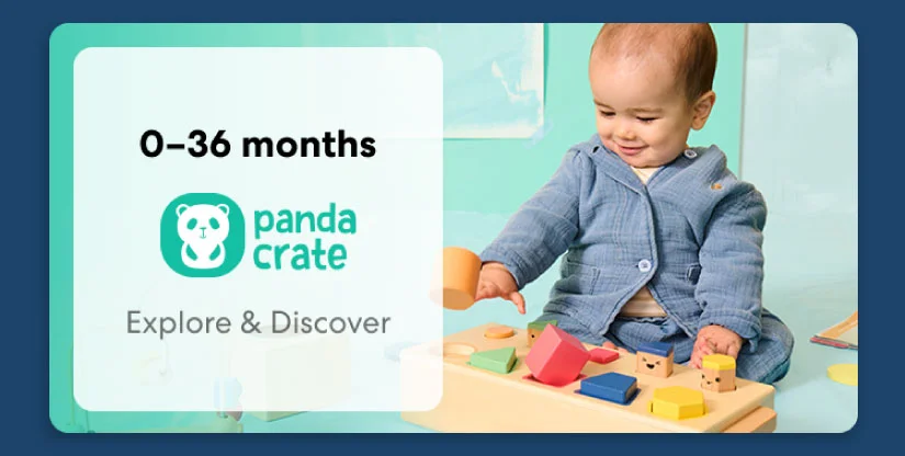 Baby playing with a KiwiCo Panda Crate toy. Designed for ages 0–36 months to explore and discover.
