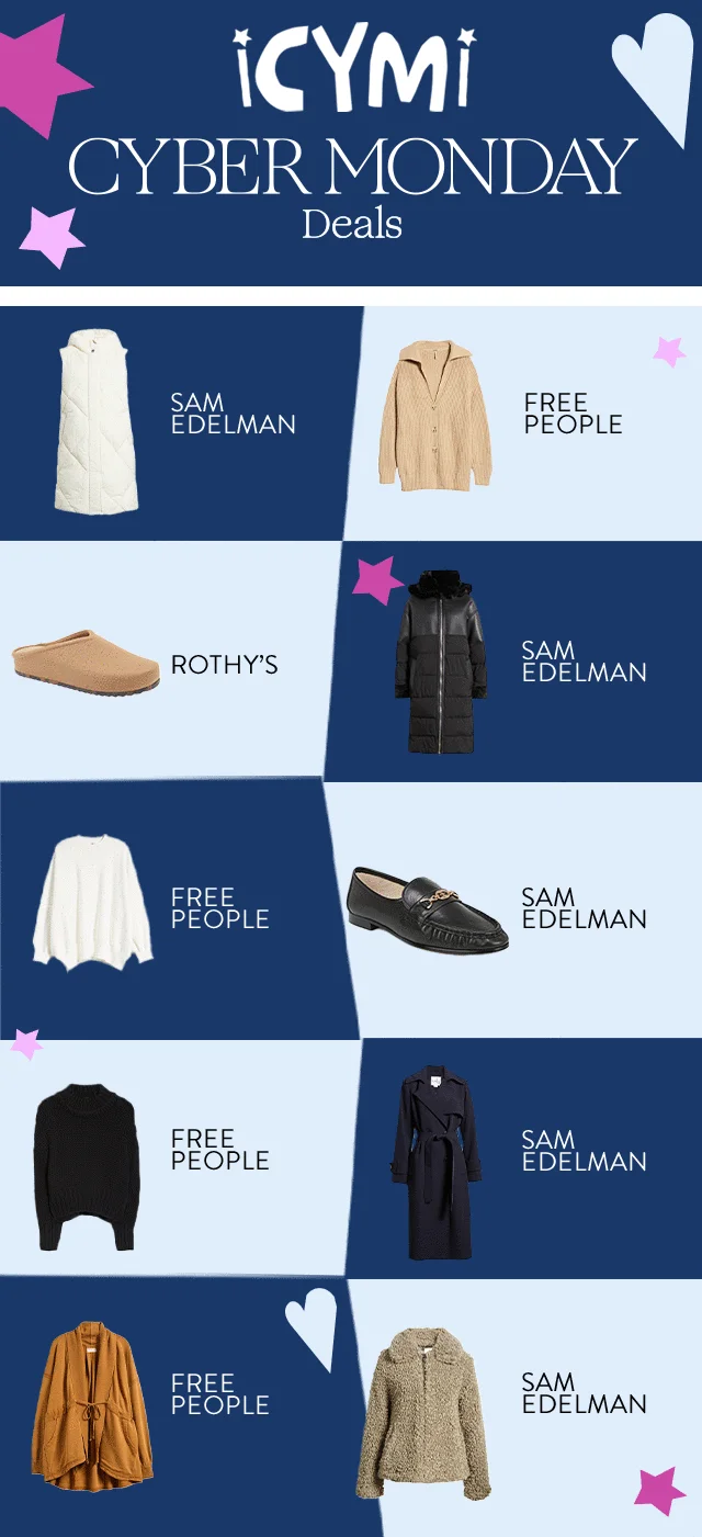 Cyber Monday Deals; shoes, sweaters and coats from Free People, Sam Edelman and Rothy's.