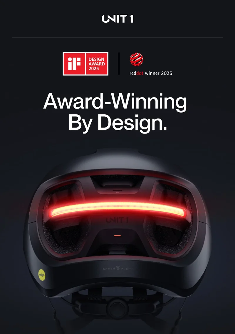 Rear view of the UNIT 1 AURA helmet with integrated red LED light, featuring Mips and Crash Alert technology for enhanced safety.