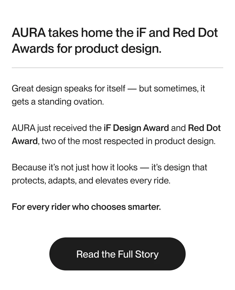 Text highlighting AURA's recognition with the iF Design Award and Red Dot Award, celebrating smart design that protects and adapts.