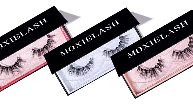 Three Moxielash magnetic lash styles in decorative boxes with pink, blue, and beige packaging