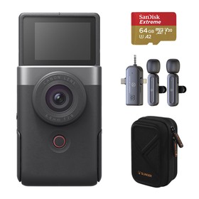Canon PowerShot V10 Vlog Camera, Silver, Bundle with 64GB Memory Card, Mic, Case