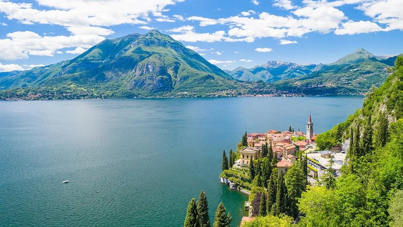 Image description: Aerial view of Varenna on shore of Lake Como, Italy
