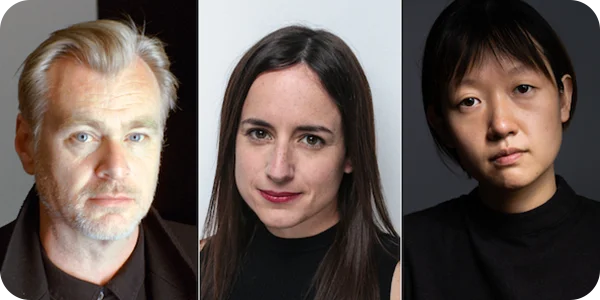 From left to right. Headshot of Christopher Nolan, Maite Alberdi, and Celine Song..
