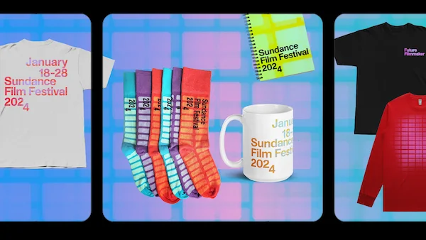 Graphic with a blue and pink background featuring Festival branded t-shirts, sweatshirts, socks, a
mug, and a notebook.