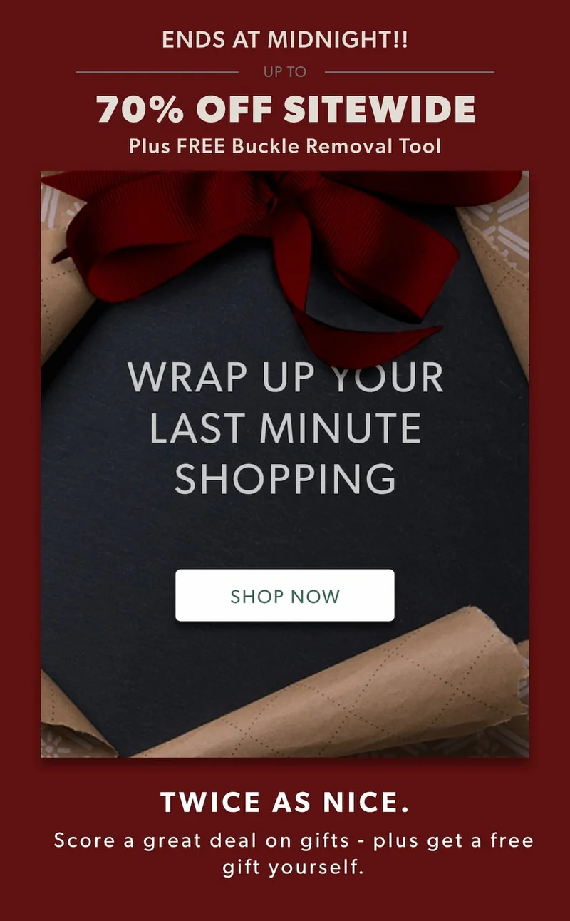 Score a great deal on gifts — plus get a free gift yourself. Up to 70% off sitewide + FREE Buckle Removal Tool.