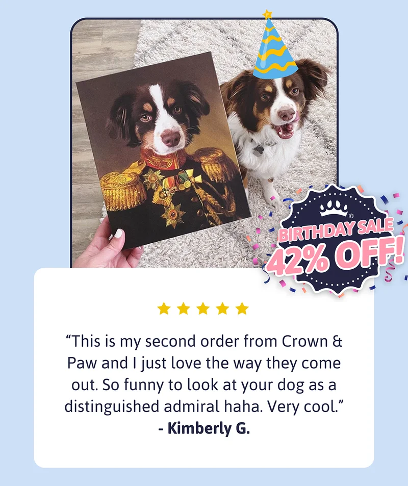 Customer review: This is my second order from Crown & Paw and I just love the way they come out. So funny to look at your dog as a distinguished admiral haha. Very cool. - Kimberly G.