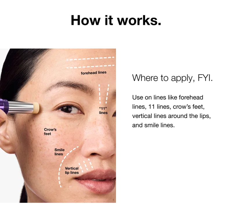How it works. | Where to apply, FYI. | Use on lines like forehead lines, 11 lines, crow’s feet, vertical lines around the lips, and smile lines.