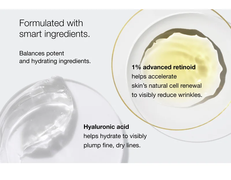 Formulated with smart ingredients. Balances potent and hydrating ingredients. | 1% advanced retinoid helps accelerate skin’s natural cell renewal to visibly reduce wrinkles. | Hyaluronic acid helps hydrate to visibly plump fine, dry lines.