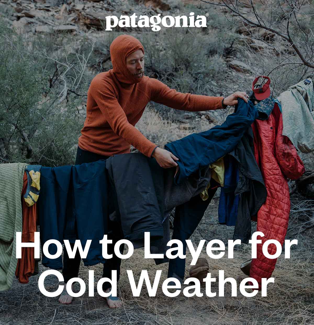 Patagonia logo. How to layer for cold weather. A person hangs a bunch of clothes on a laundry line in the wilderness.