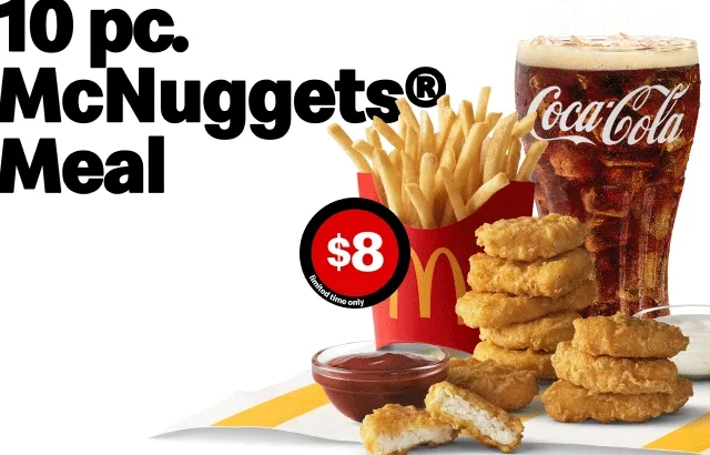 Try all of the Extra Value Meals at McDonald's, like a $5 Sausage, Egg & Cheese McGriddles Meal or an $8 10 piece McNuggets Meal for a limited time only plus more.